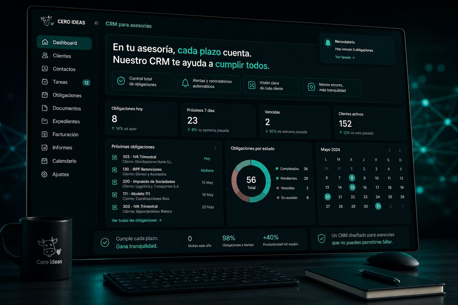 Dashboard CRM para asesorías — control de obligaciones fiscales, plazos y clientes