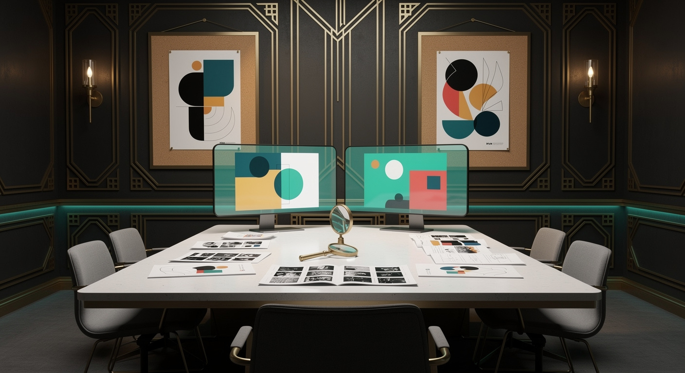 Estudio creativo de publicidad con estética Art Deco fusionada con tecnología contemporánea: mesa de dirección con bocetos, storyboards, composiciones publicitarias abstractas en pantallas y material de referencia editorial.